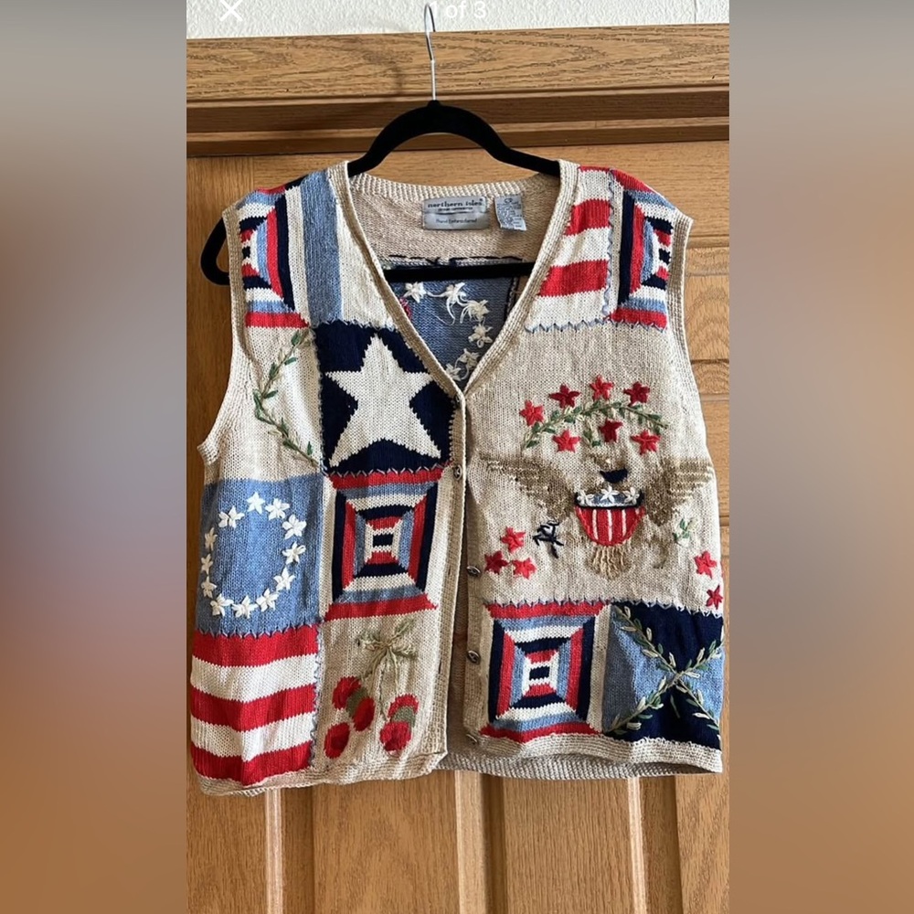 Northern Isles Sweater Vest Hand Embroidered Sz L American Patriotic USA